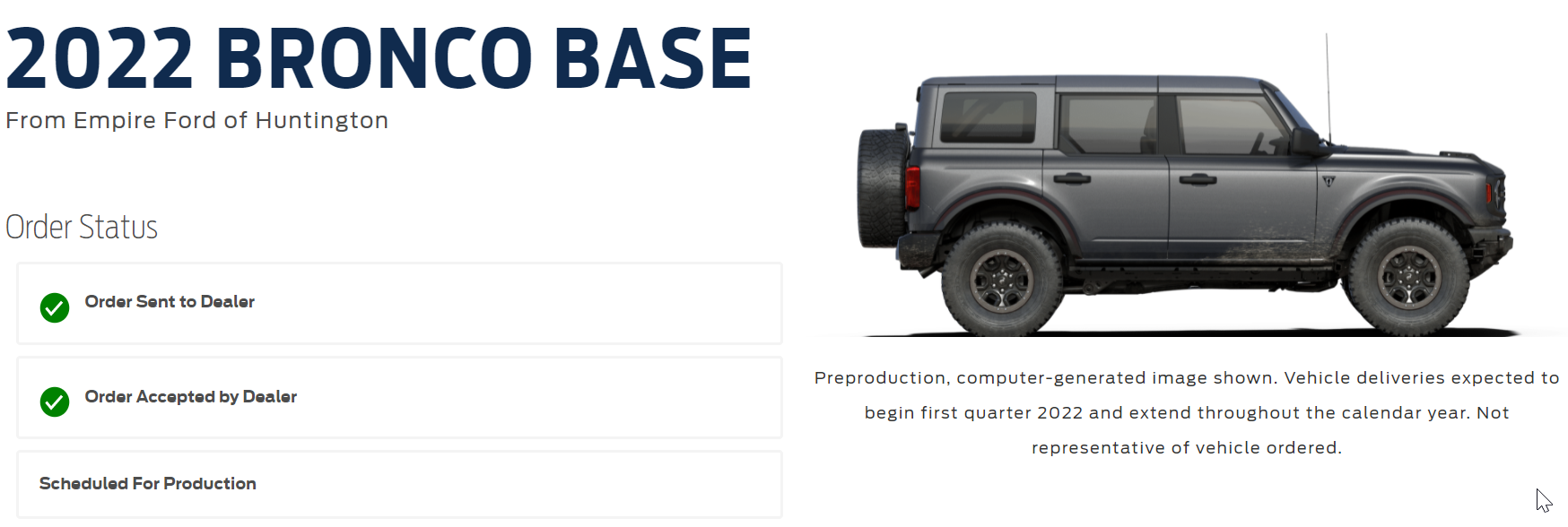 Ford Bronco Check your Bronco order status using back door link. Found out I'm In-Production without email received 1641821176987