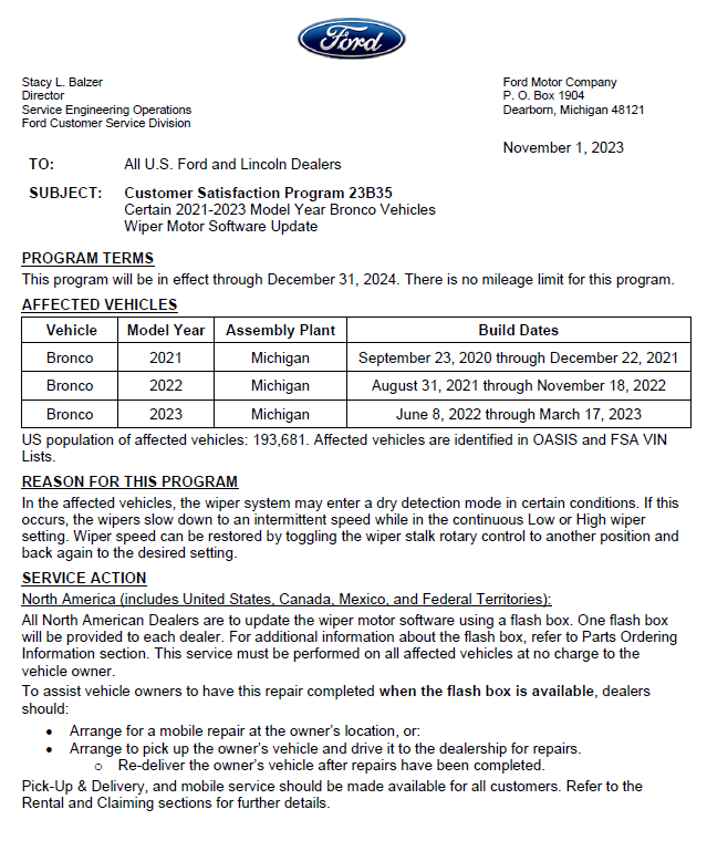 Ford Bronco Customer Satisfaction Program 23B35 -- 2021-2023 Bronco windshield wiper motor software update 1698856900881