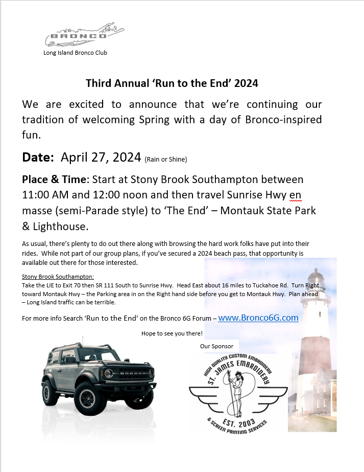 Ford Bronco Long Island Broncos - THIRD annual Run To The End - April 27, 2024 1705335562786