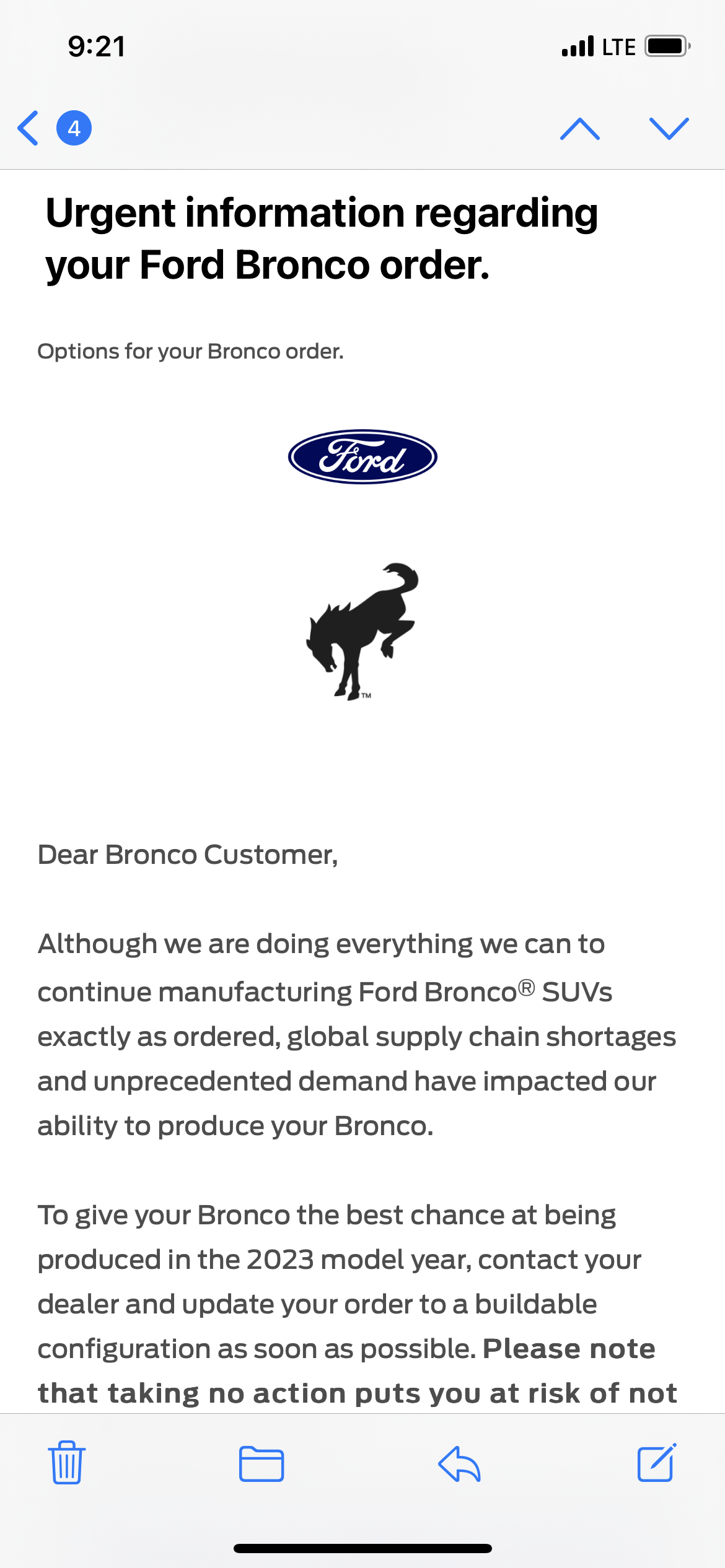 Ford Bronco 📧 Bad news Friday... official email from Ford: "Urgent information regarding your Ford Bronco order." 1C849827-785F-4D18-9D84-278C6187B4ED