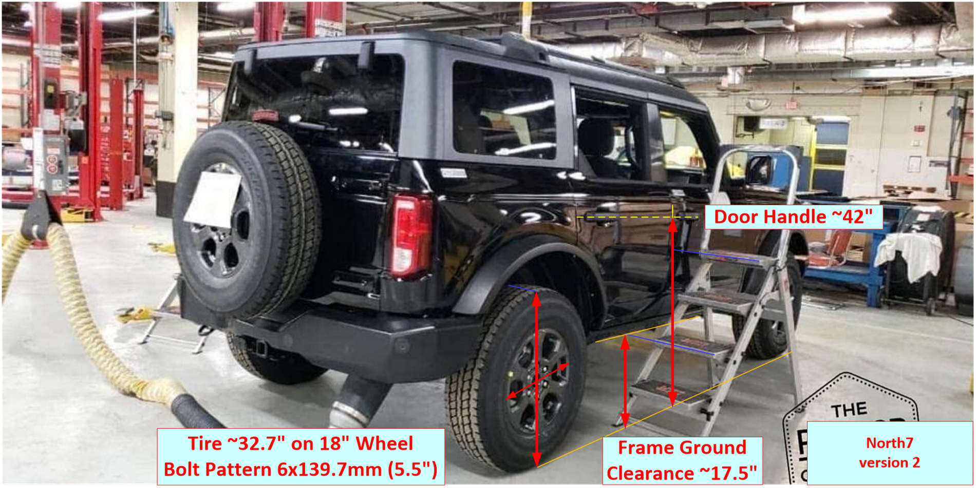 Ford Bronco 2021 Bronco 4 Door Tire Size, Ground Clearance, Door Handle  Estimates Based on Leaked Image 2021 Bronco Clearance v2