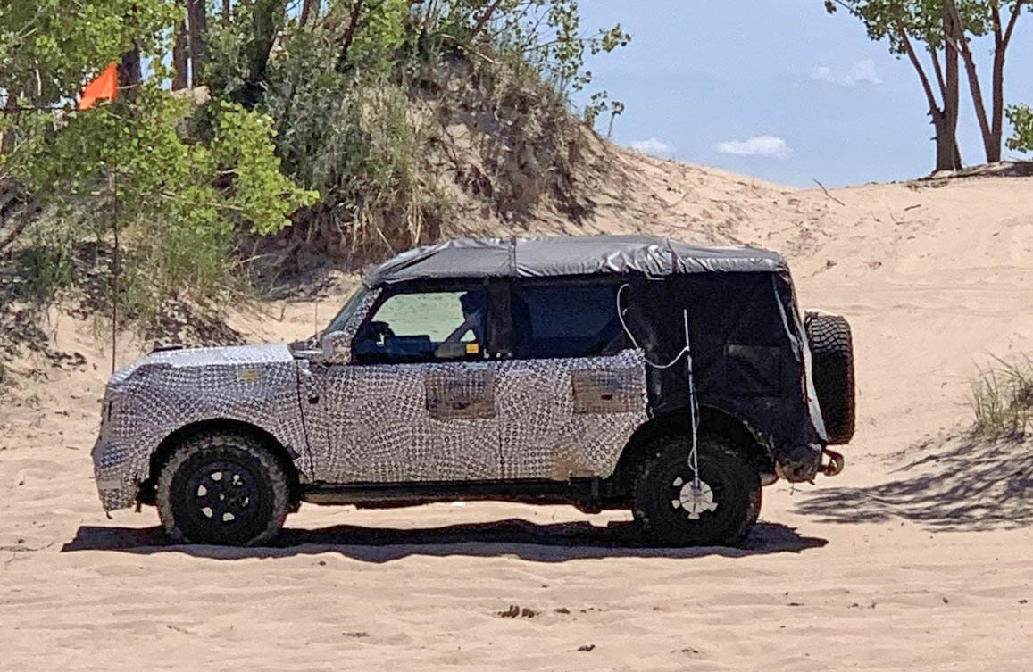 Ford Bronco Bronco Mule Spotted Testing Off-Road Wearing BFG K02 Tires and Mad Max Bumper 2021 Ford Bronco Silver Lake Sand Dunes in Michigan