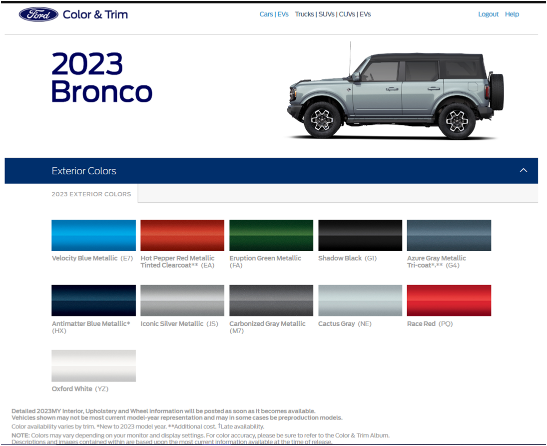 Ford Bronco 2023 Bronco colors preview (w/ Azure Gray Metallic) from Ford Dealer Connection color & trim site Screenshot_20220723-144949