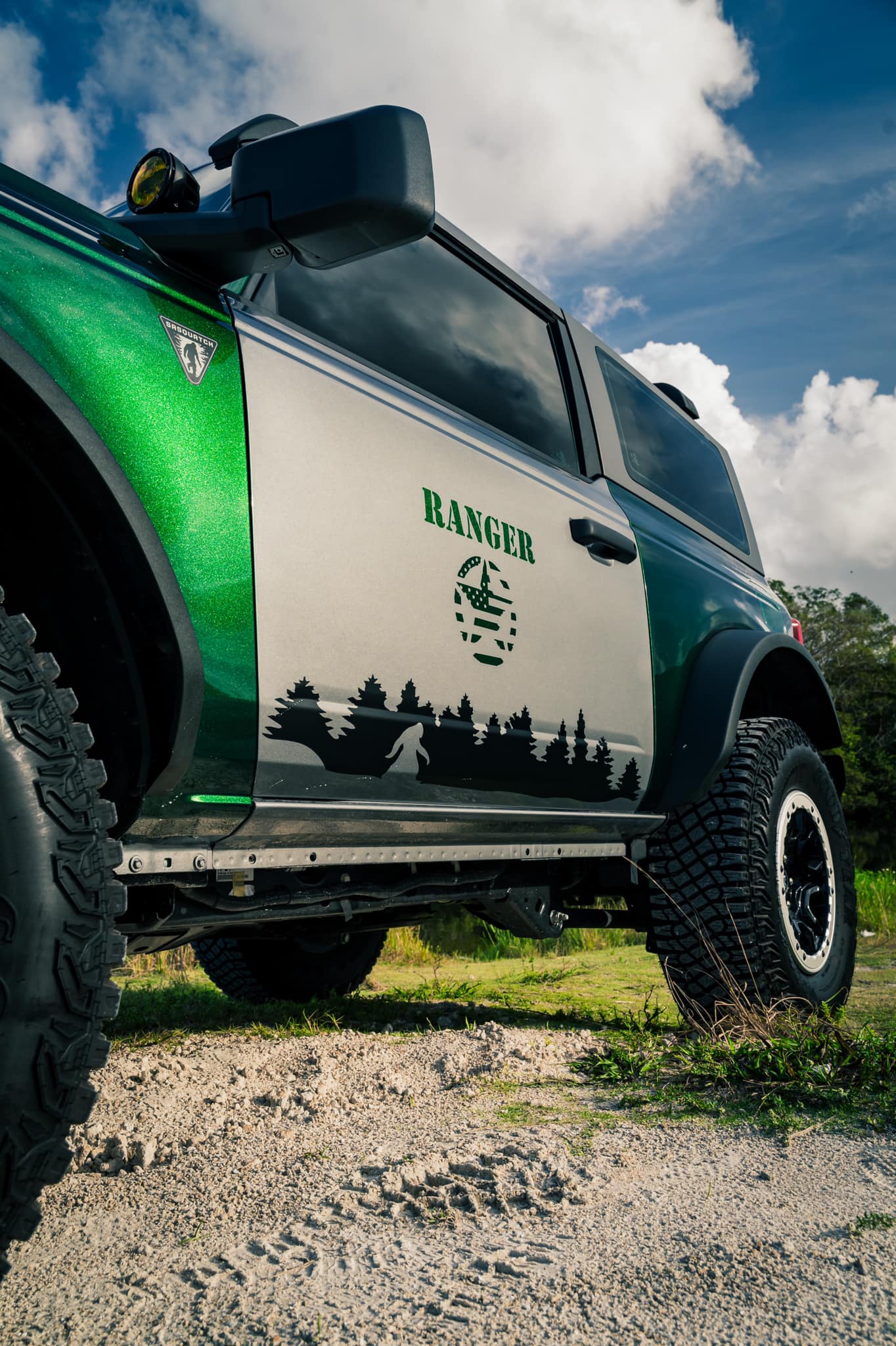 Ford Bronco "Sasquatch Patrol" Basesquatch in Gloss Metallic Racing Green wrap park ranger theme 271598181_385239083398738_661893205593039033_n