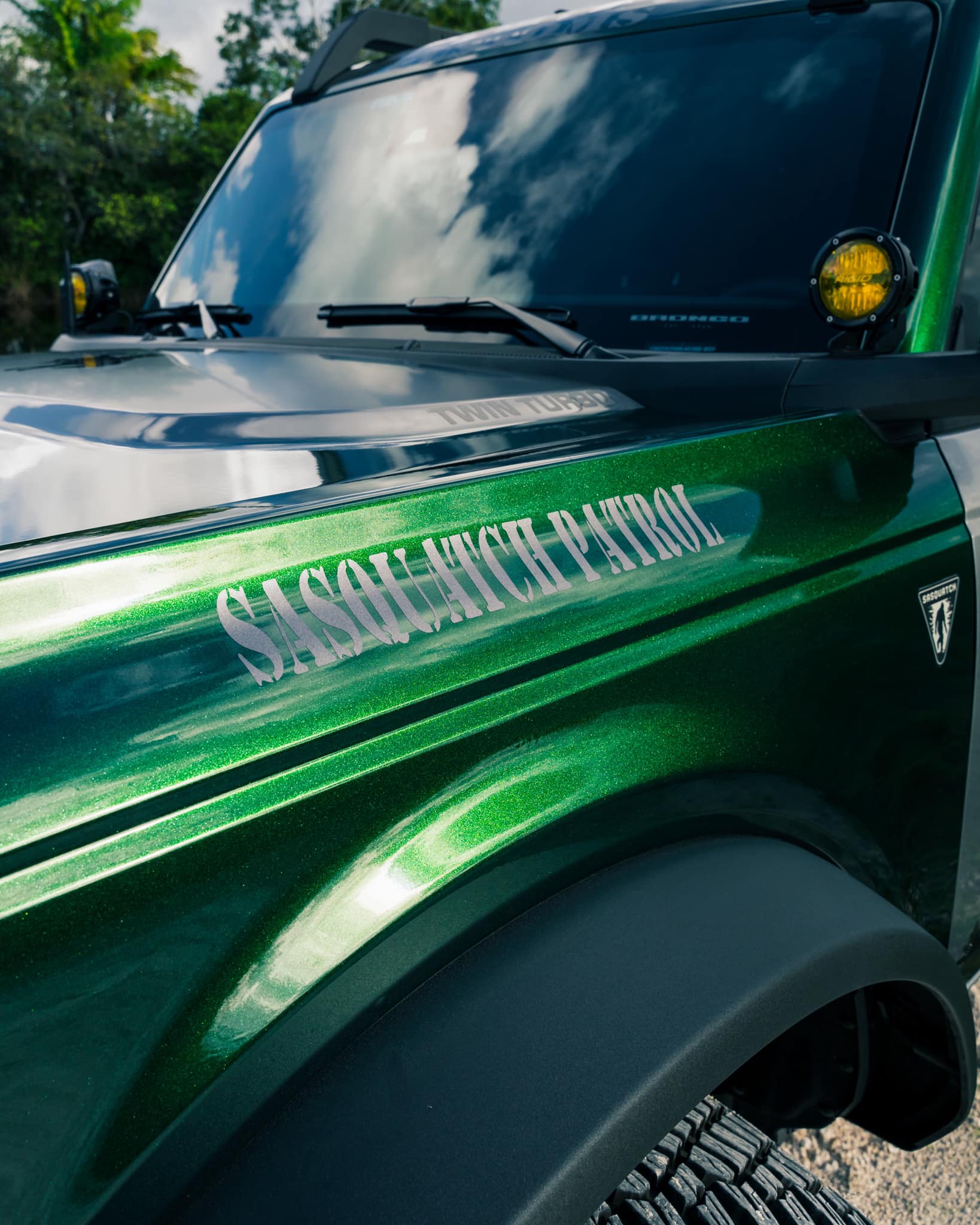 Ford Bronco "Sasquatch Patrol" Basesquatch in Gloss Metallic Racing Green wrap park ranger theme 271728272_385239143398732_5028910716041866478_n
