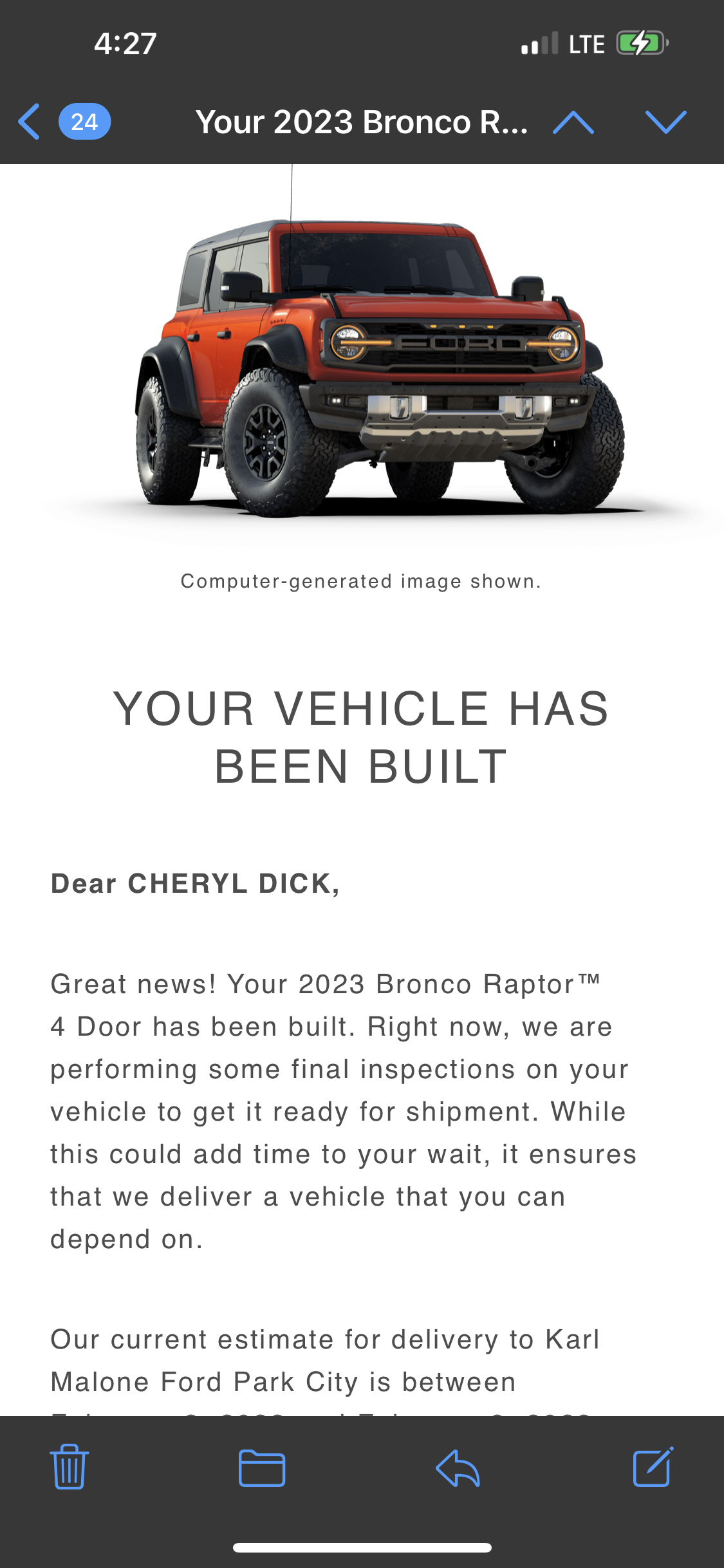 Ford Bronco 2/6/2023 Build Week with spreadsheet 27514E75-E2E6-49C4-B134-C42B58756E50
