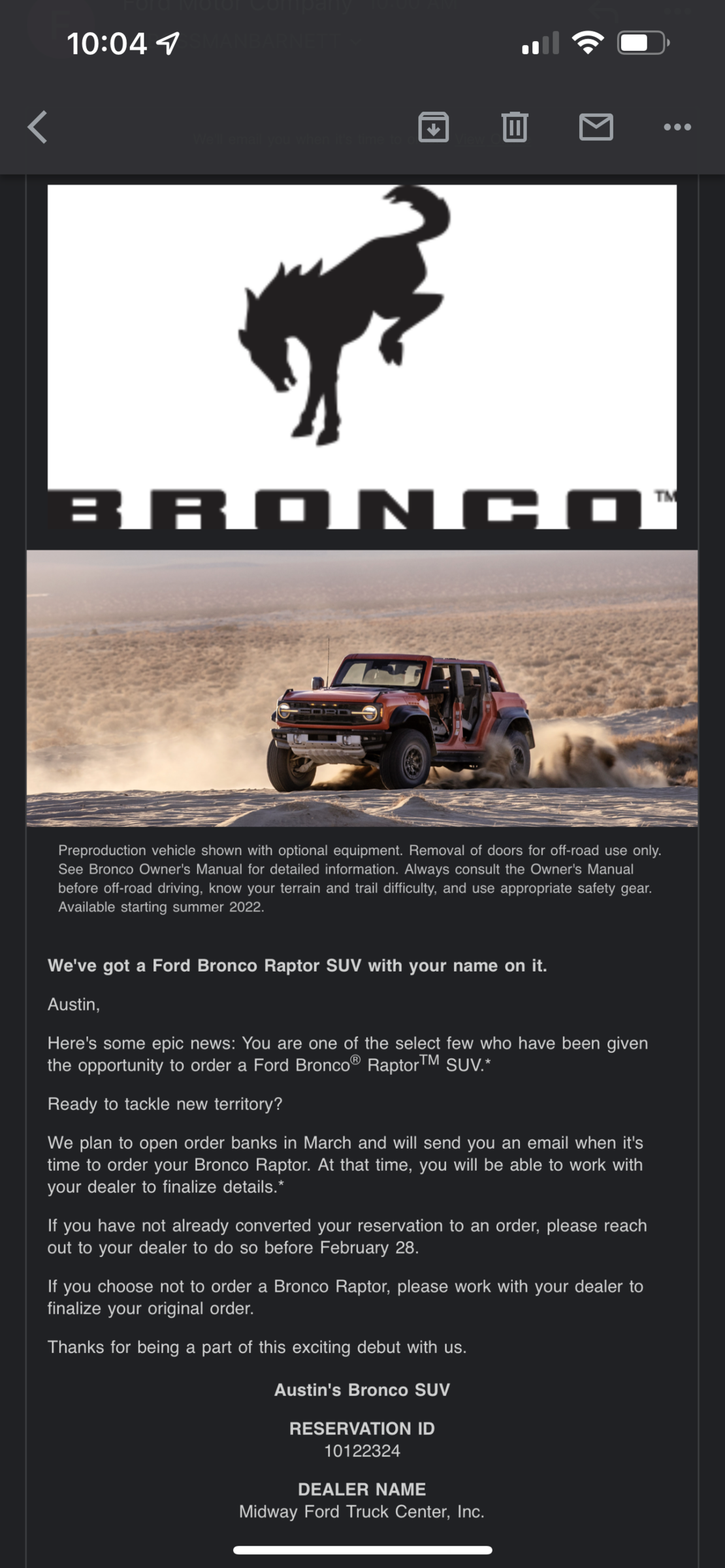 Ford Bronco 📬 Raptor lottery winning email! Did you get order invite?? 78F93861-EA94-4830-9DCC-4E10E66080F5