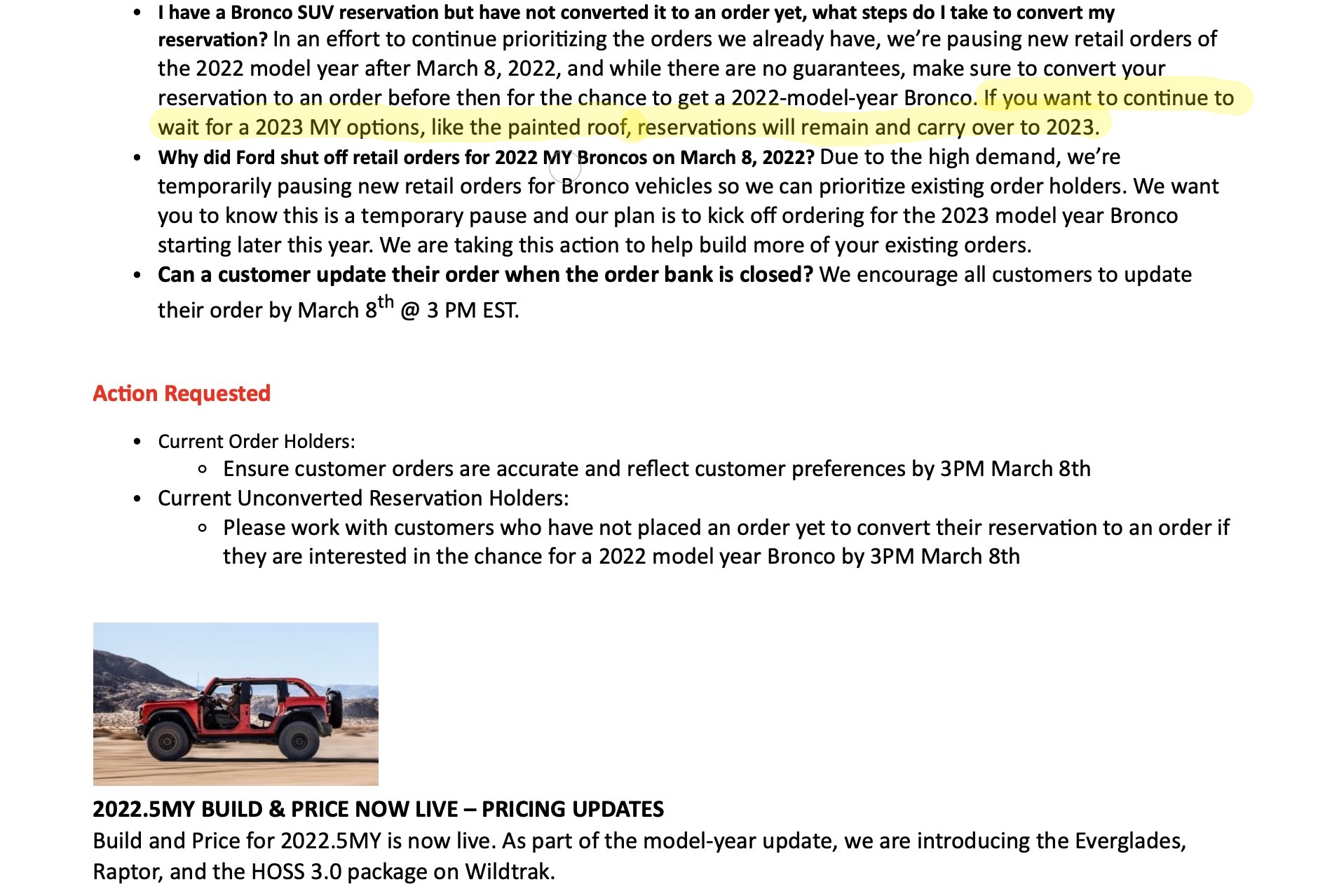 Ford Bronco 2023 Bronco changes / updates / upgrades? bronco dealer memo 3