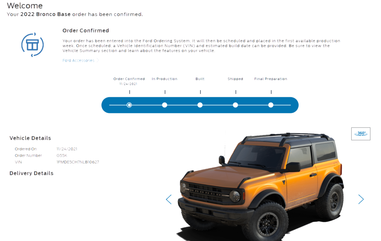 Ford Bronco Check your Bronco order status using back door link. Found out I'm In-Production without email received broncoorder