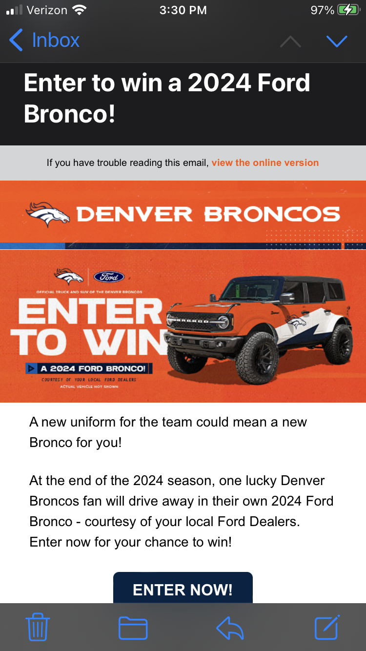 Ford Bronco Denver Broncos reveal throwback uniforms...using Ford Broncos! IMG_2526