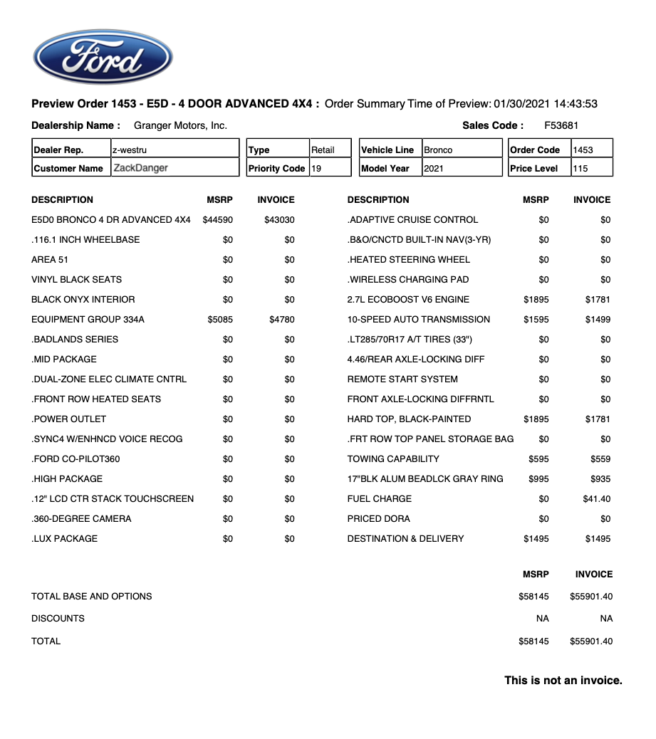 Ford Bronco Reservation - Contact Dealer Order Summary Screen Shot Redacted
