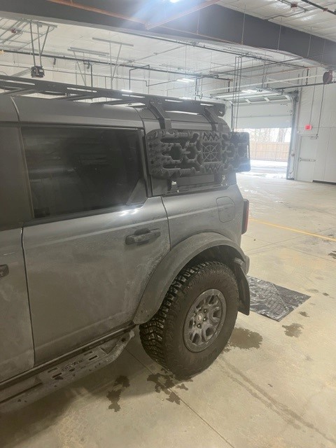 Ford Bronco Recovery boards mounted on Pak Rax r2