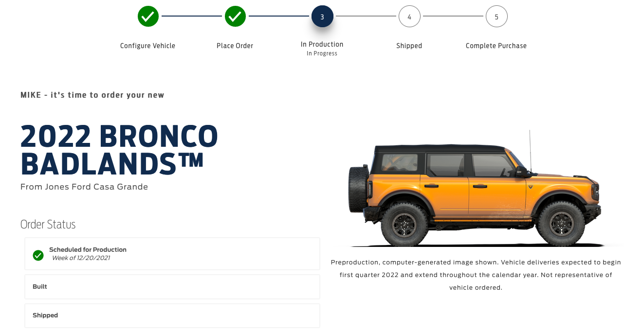 Ford Bronco My 2022 Eruption Green Scheduled for December production Bronco order accepted screen shot redacted