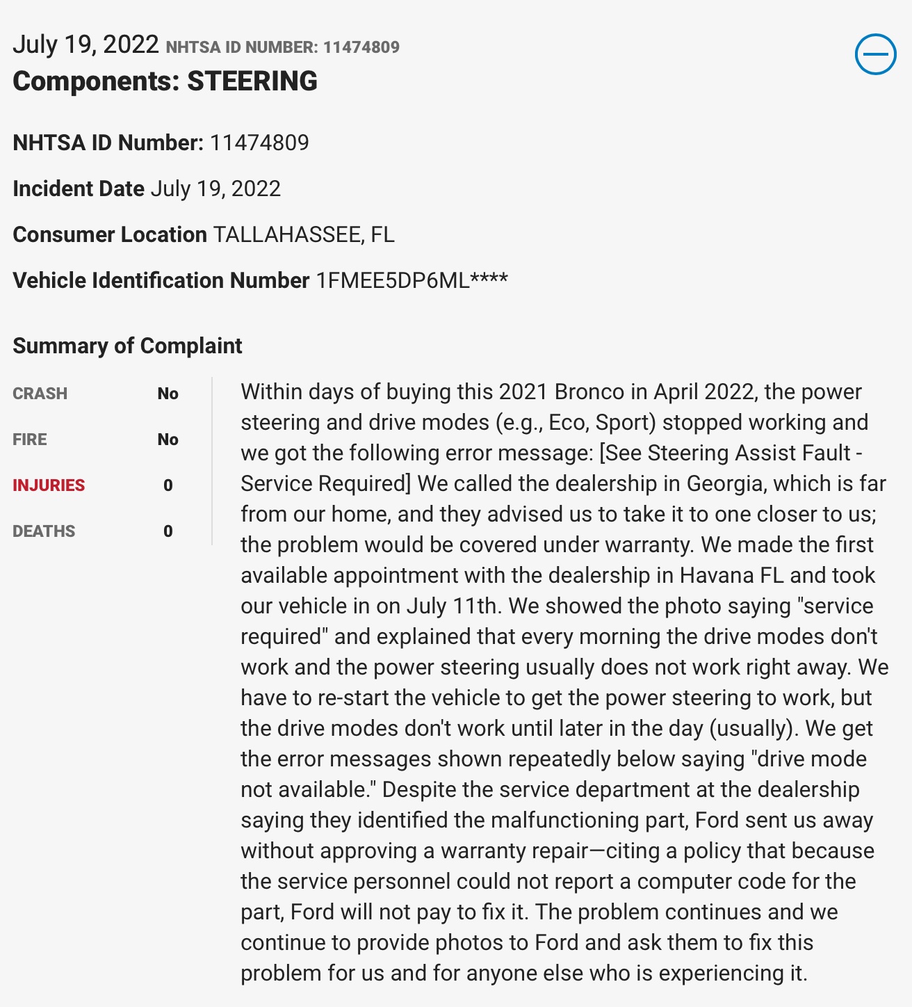 Ford Bronco 2.7L blown engine failure list . . 68 so far [Updated: December 13, 2022] Steering Failure