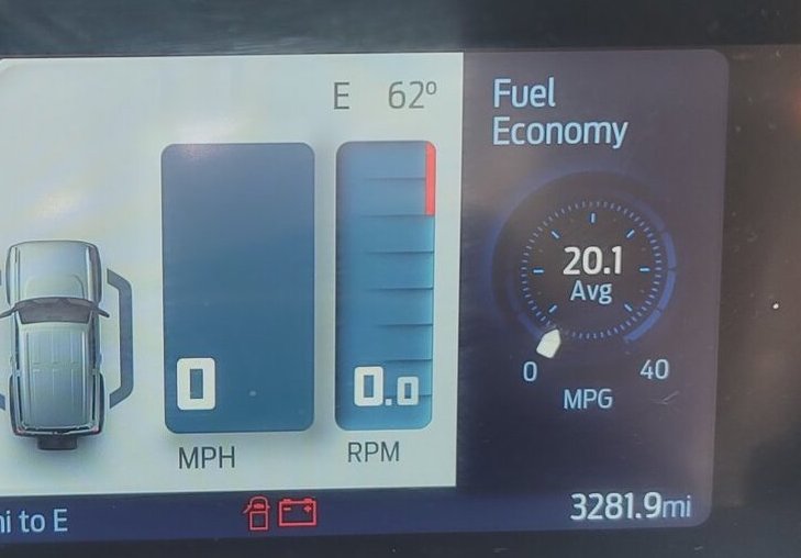 20.1 average MPG showing on a 2.7L Bronco Outer Banks at dealer event ...